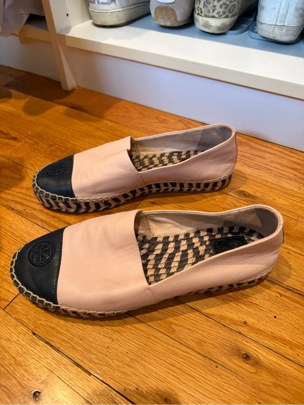 Tory Burch Blush Pink Leather Espadrilles with Black Cap Toe